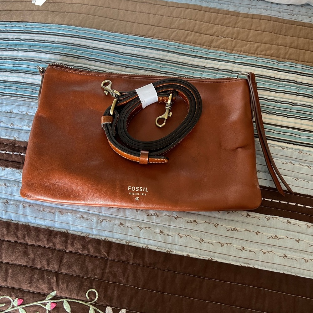 Fossil Brown Leather Wristlet with Metallic Zipper
